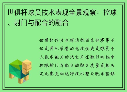 世俱杯球员技术表现全景观察：控球、射门与配合的融合