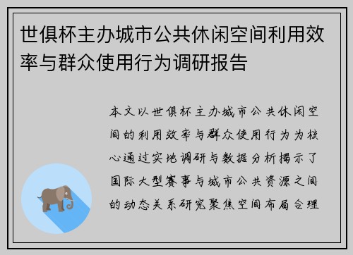 世俱杯主办城市公共休闲空间利用效率与群众使用行为调研报告